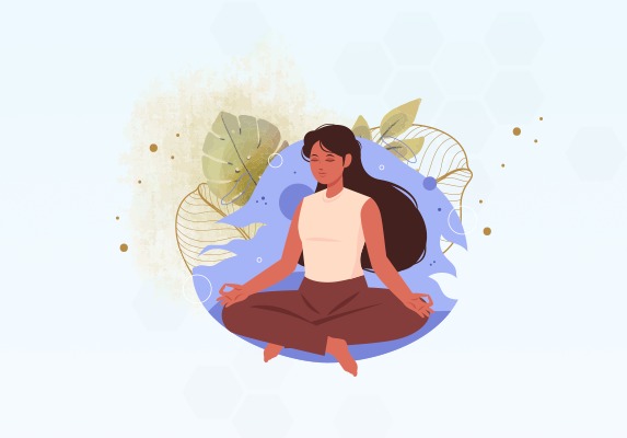 Imagem colorida contém ilustração de menina sentada em posição de lótus durante meditação com folhas ilustrativas atrás dela. 