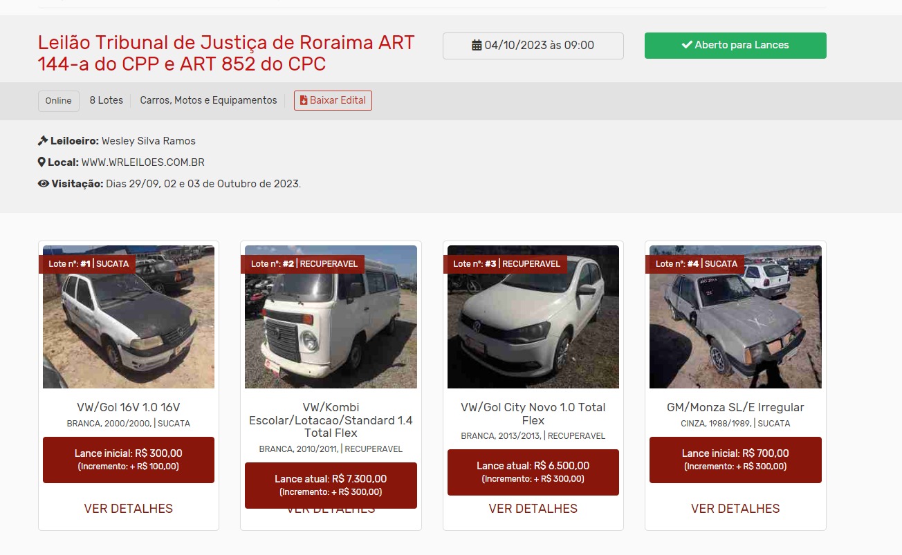  Imagem colorida mostra a tela de site de leilões contendo sete veículos, sendo quatro carros, três motos e um item contendo fiação.