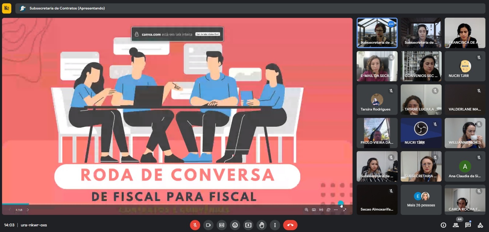 Foto colorida mostra uma sala virtual exibindo a arte com fundo rosa com um desenho de duas mulheres e dois homens sentados ao redor de uma mesa, à frente de um computador conversando, seguida do texto “Roda de conversa - de fiscal para fiscal. Ao lado, 18 perfis à mostra. 