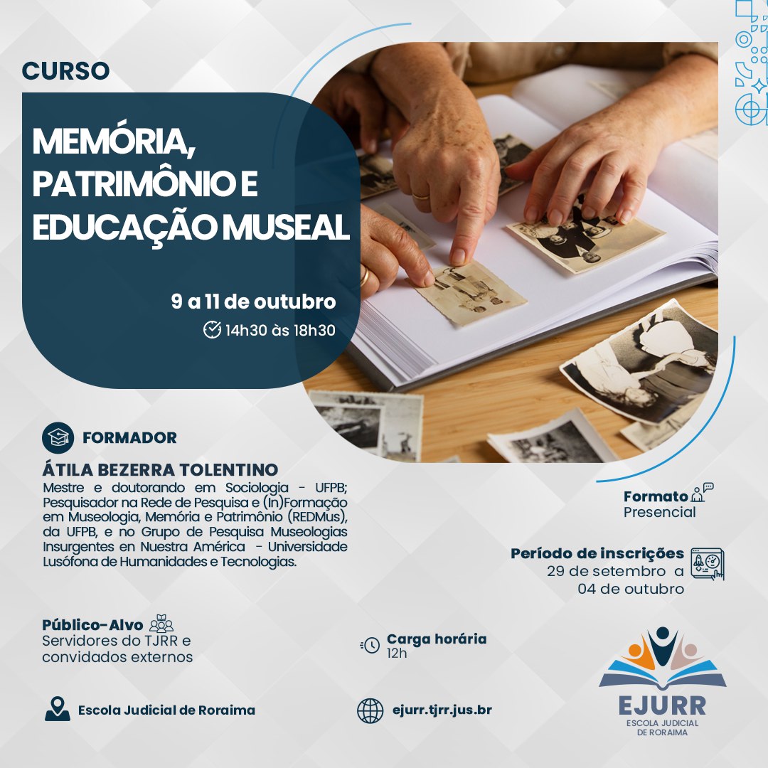 Card de divuldagção do curso nele há ilustração de duas pessoas manuseando fotografias em um livro