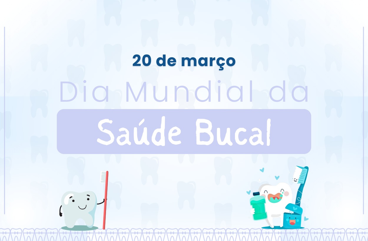 A imagem é um cartão digital comemorativo do Dia Mundial da Saúde Bucal, celebrado em 20 de março. No centro da imagem, em letras brancas e roxas, está a mensagem "Dia Mundial da Saúde Bucal" e "20 de março". O texto está sobre um fundo roxo claro, em um retângulo com cantos arredondados, que se destaca do fundo branco. Na parte inferior da imagem, há duas ilustrações de dentes com sorrisos, acompanhadas de escovas e creme dental. O dente à esquerda segura uma escova vermelha, enquanto o dente à direita segura uma escova azul e um frasco de enxaguante bucal. Pequenos corações azuis flutuam ao redor do dente à direita, adicionando um toque de afeto à imagem. Ao fundo, um padrão de dentes brancos se repete, criando uma textura sutil e temática. Na borda inferior da imagem, um padrão geométrico em tons de roxo e branco. A imagem é um cartão digital comemorativo do Dia Mundial da Saúde Bucal, celebrado em 20 de março. No centro da imagem, em letras brancas e roxas, está a mensagem "Dia Mundial da Saúde Bucal" e "20 de março". O texto está sobre um fundo roxo claro, em um retângulo com cantos arredondados, que se destaca do fundo branco. Na parte inferior da imagem, há duas ilustrações de dentes com sorrisos, acompanhadas de escovas e creme dental. O dente à esquerda segura uma escova vermelha, enquanto o dente à direita segura uma escova azul e um frasco de enxaguante bucal. Pequenos corações azuis flutuam ao redor do dente à direita, adicionando um toque de afeto à imagem. Ao fundo, um padrão de dentes brancos se repete, criando uma textura sutil e temática. Na borda inferior da imagem, um padrão geométrico em tons de roxo e branco.