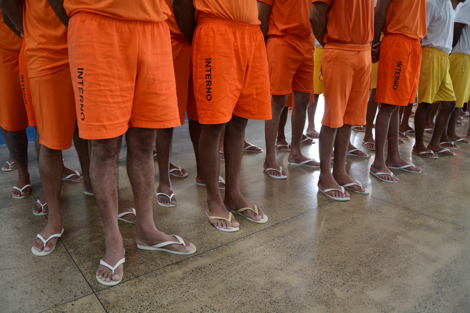 A imagem colorida mostra um grupo de pessoas em pé, lado a lado, em fileiras, a maioria das pessoas na frente veste shorts de cor laranja e calça chinelos de dedo de cores variadas. A imagem colorida mostra um grupo de pessoas em pé, lado a lado, em fileiras, a maioria das pessoas na frente veste shorts de cor laranja e calça chinelos de dedo de cores variadas.