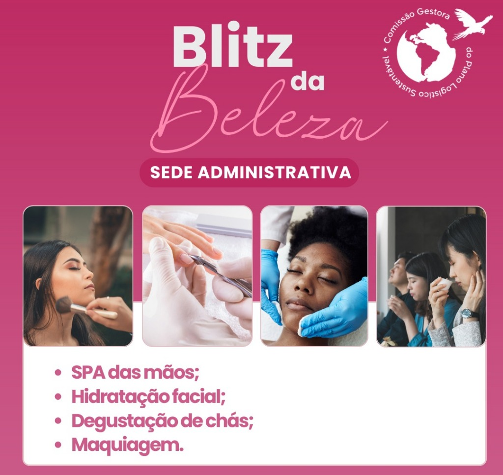 Imagem colorida de um anúncio que exibe o nome do evento em letras grandes "Blitz da Beleza" acima da indicação "SEDE ADMINISTRATIVA". Abaixo, há quatro fotos menores mostrando diferentes atividades: uma mulher recebendo maquiagem, mãos recebendo cuidados, uma pessoa recebendo tratamento facial e um grupo de pessoas interagindo. Na parte inferior, além das informações de data e horário, aparece o logo do "Poder Judiciário do Estado de Roraima". Há também alguns grafismos e um logo circular no canto superior direito com um desenho do globo terrestre e texto ao redor. Imagem colorida de um anúncio que exibe o nome do evento em letras grandes "Blitz da Beleza" acima da indicação "SEDE ADMINISTRATIVA". Abaixo, há quatro fotos menores mostrando diferentes atividades: uma mulher recebendo maquiagem, mãos recebendo cuidados, uma pessoa recebendo tratamento facial e um grupo de pessoas interagindo. Na parte inferior, além das informações de data e horário, aparece o logo do "Poder Judiciário do Estado de Roraima". Há também alguns grafismos e um logo circular no canto superior direito com um desenho do globo terrestre e texto ao redor.