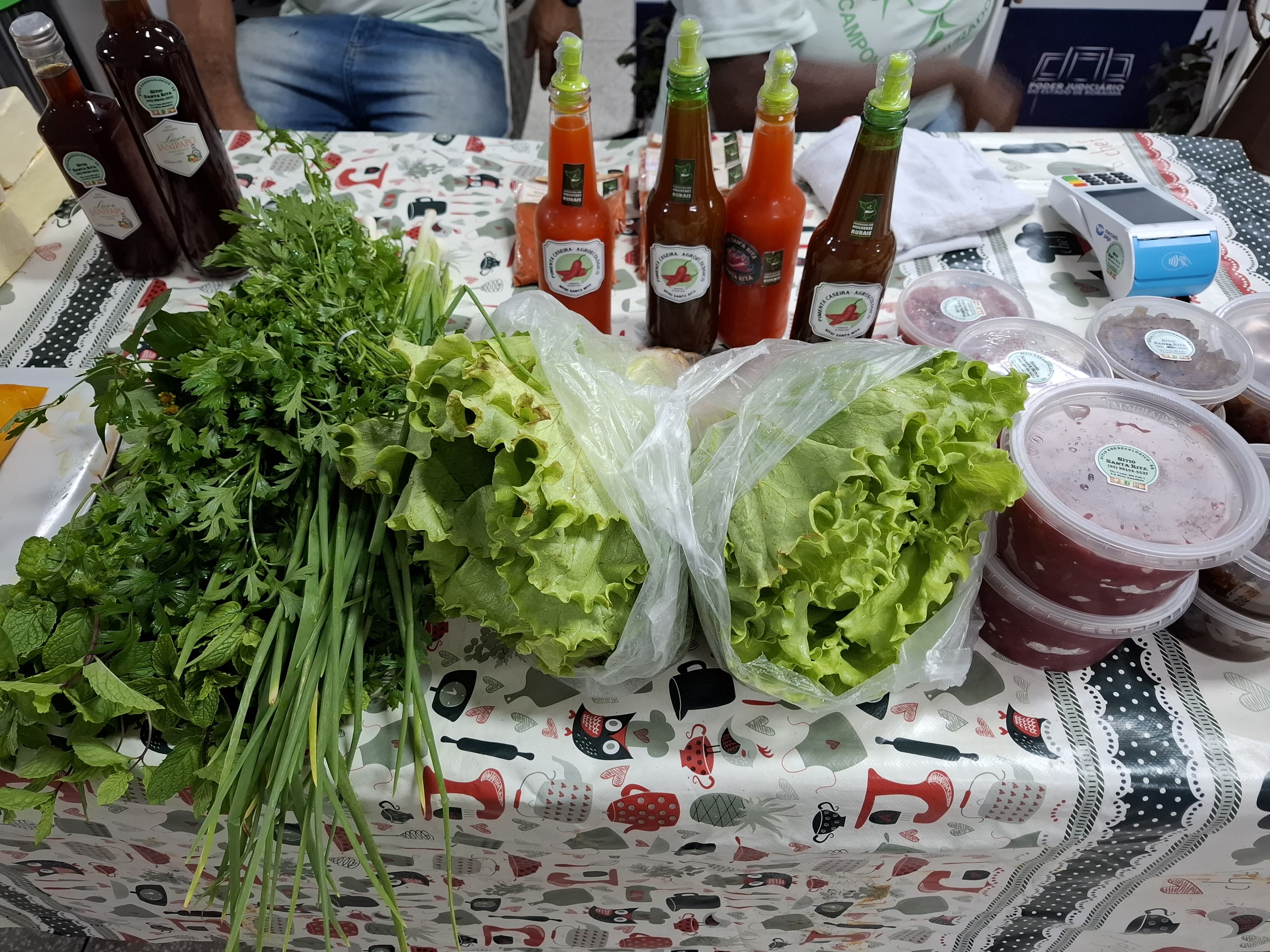 Foto colorida mostra uma mesa de feira com alimentos frescos e produtos artesanais. Há molhos em garrafas, temperos naturais (como hortelã, coentro e cebolinha), alfaces embaladas em sacos plásticos e potes com alimentos caseiros, possivelmente doces ou pastas. A mesa tem uma toalha colorida com estampa de utensílios de cozinha, e ao fundo é possível ver duas pessoas com camisetas verdes. Foto colorida mostra uma mesa de feira com alimentos frescos e produtos artesanais. Há molhos em garrafas, temperos naturais (como hortelã, coentro e cebolinha), alfaces embaladas em sacos plásticos e potes com alimentos caseiros, possivelmente doces ou pastas. A mesa tem uma toalha colorida com estampa de utensílios de cozinha, e ao fundo é possível ver duas pessoas com camisetas verdes.