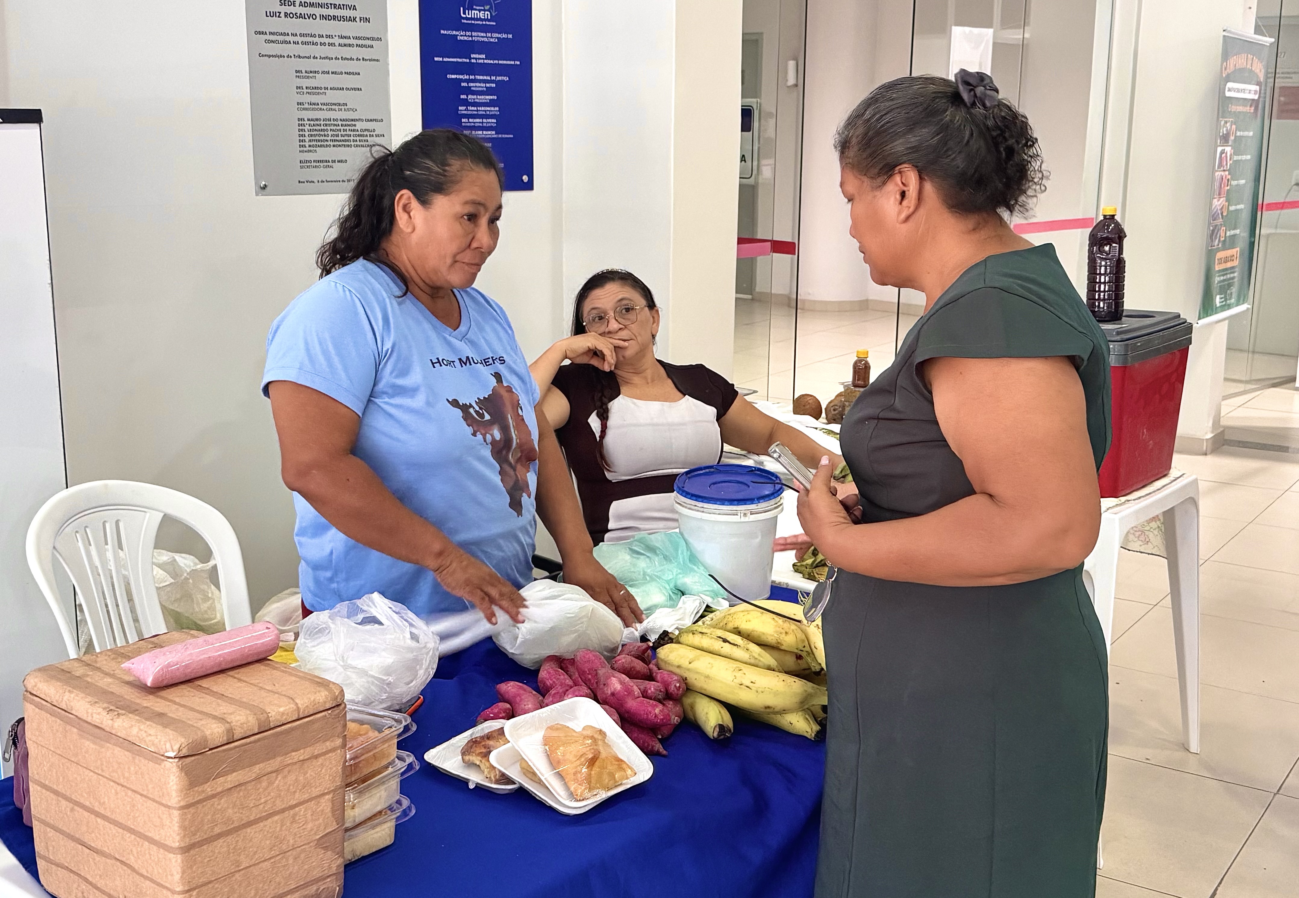 Imagem colorida mostra duas mulheres adultas estão em frente a uma barraca em uma feira ou evento. A mulher à esquerda, vestindo uma blusa azul, está conversando com a mulher à direita, que usa um vestido verde. A barraca tem uma toalha azul e exibe alimentos como bananas, batatas-doces e outros produtos embalados. Uma terceira mulher, de óculos, está sentada atrás da barraca. Imagem colorida mostra duas mulheres adultas estão em frente a uma barraca em uma feira ou evento. A mulher à esquerda, vestindo uma blusa azul, está conversando com a mulher à direita, que usa um vestido verde. A barraca tem uma toalha azul e exibe alimentos como bananas, batatas-doces e outros produtos embalados. Uma terceira mulher, de óculos, está sentada atrás da barraca.
