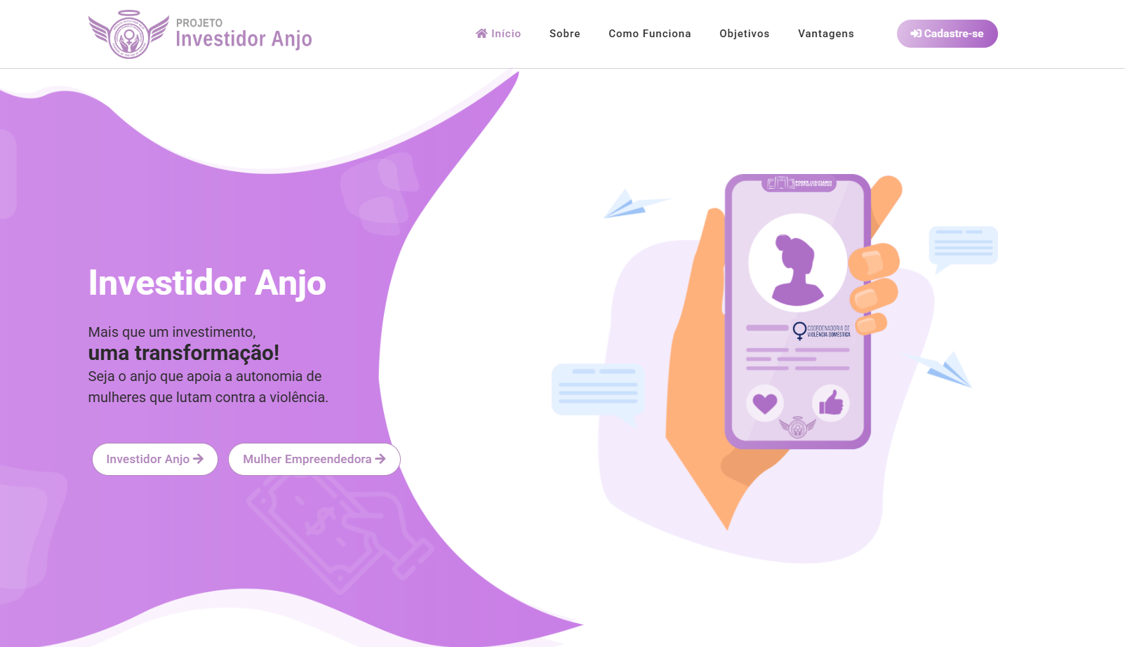 Captura de tela do site do "Projeto Investidor Anjo", com fundo branco e grandes formas orgânicas nas cores lavanda e roxo claro. Na parte superior, o menu do site tem o logo do projeto: um círculo lavanda com asas de anjo e, ao lado, a frase "PROJETO Investidor Anjo". As opções de menu são: "Início", "Sobre", "Como Funciona", "Objetivos", "Vantagens" e um botão "Cadastre-se" em roxo claro.