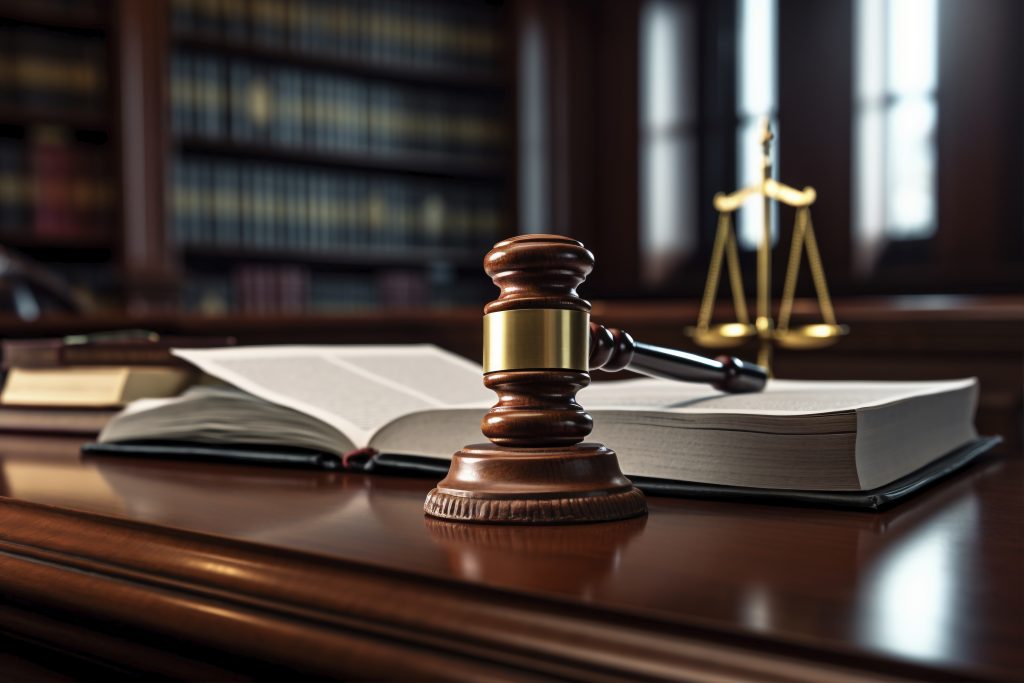 Imagem colorida mostra um ambiente de escritório de advocacia ou biblioteca de leis, com a câmera focada em uma mesa de madeira escura e polida. Em primeiro plano e no centro, está um martelo de juiz (malhete) de madeira escura com um anel de metal dourado. À sua frente, um livro grande está aberto sobre a mesa, com as páginas visíveis. Outros livros empilhados estão à esquerda, fora de foco. No fundo, à direita e ligeiramente fora de foco, vê-se uma balança da justiça de metal dourado (símbolo da Justiça). O fundo é composto por estantes de livros em madeira escura, repletas de volumes, e uma janela ou porta parcialmente visível, conferindo profundidade à cena. A iluminação é suave e quente.