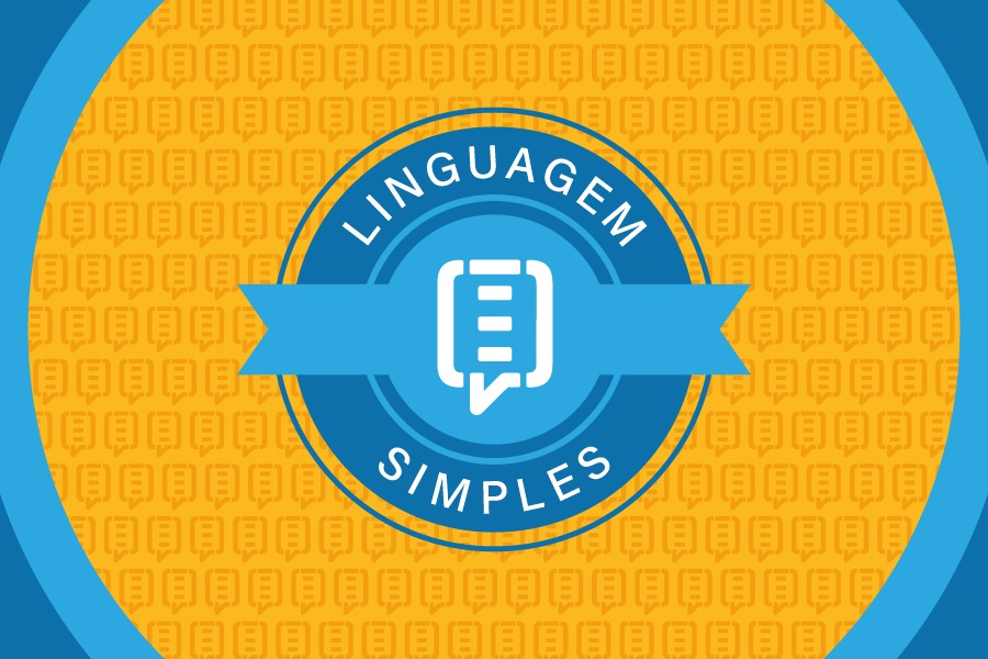 Logotipo em fundo amarelo-alaranjado. Círculo central azul e branco com o texto "LINGUAGEM SIMPLES". O círculo contém o ícone branco de um documento em um balão de fala. O design usa as cores azul e amarelo-alaranjado. Logotipo em fundo amarelo-alaranjado. Círculo central azul e branco com o texto "LINGUAGEM SIMPLES". O círculo contém o ícone branco de um documento em um balão de fala. O design usa as cores azul e amarelo-alaranjado.