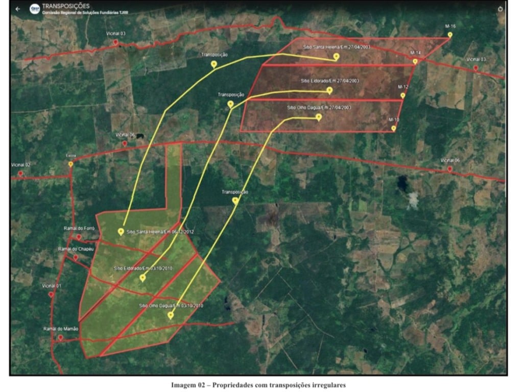 Mapa mostrando propriedades com transposições irregulares, destacadas em linhas vermelhas e amarelas, com identificação de locais e datas. Mapa mostrando propriedades com transposições irregulares, destacadas em linhas vermelhas e amarelas, com identificação de locais e datas.