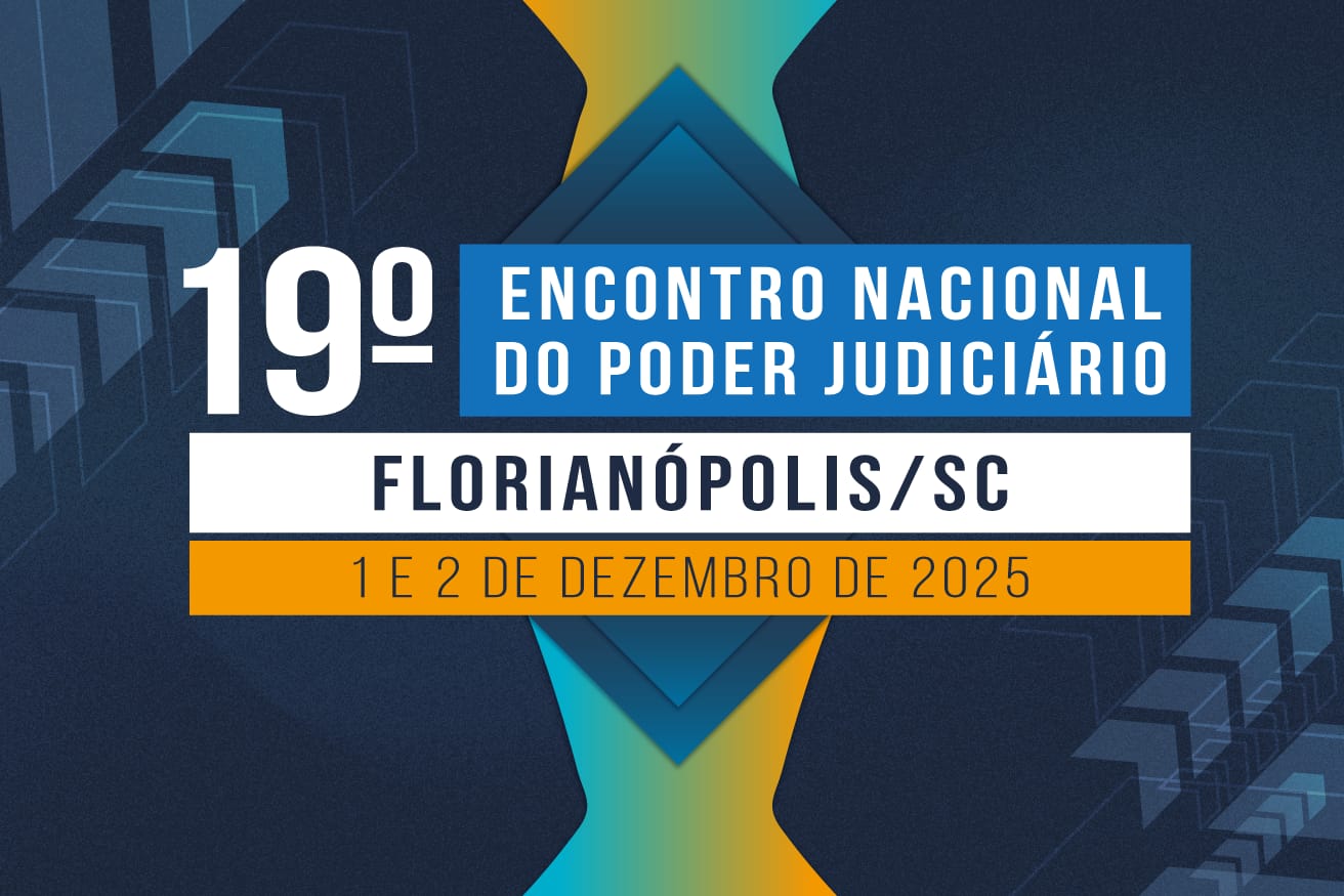 Card nas cores azul e amarelo anuncia o 19º Encontro Nacional do Poder Judiciário, que será realizado em Florianópolis/SC, nos dias 1º e 2 de dezembro de 2025. O design tem formas geométricas e linhas em tons de azul ao fundo