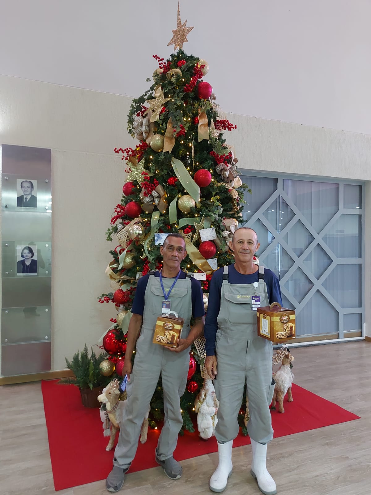 : foto colorida de dois servidores terceirizados posando para a fotografia com um panetone na mão em frente a árvore de natal que tem dentro do palácio da justiça