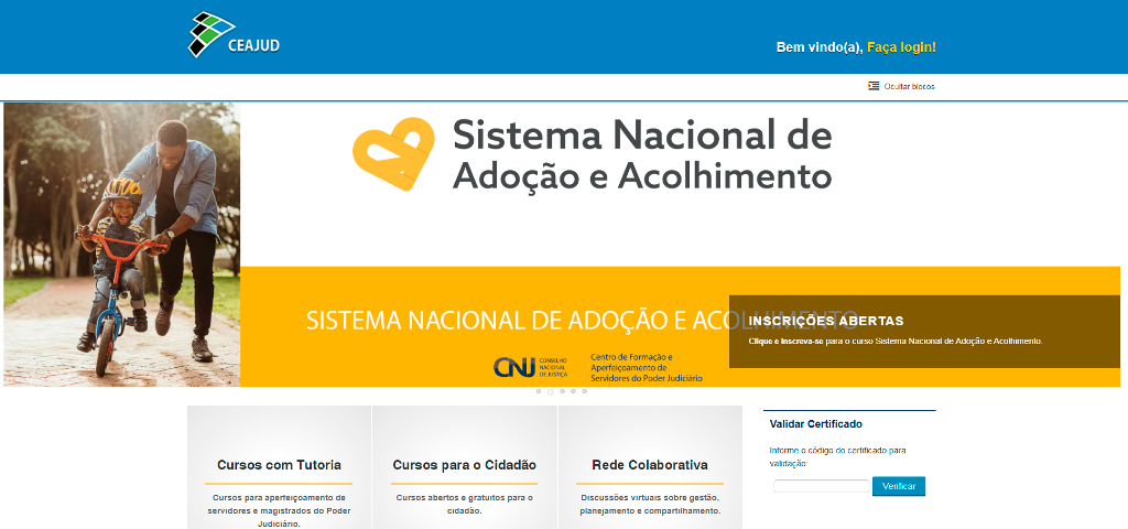 Página do site do CNJ, para acesso ao Sistema Nacional de Adoção.  