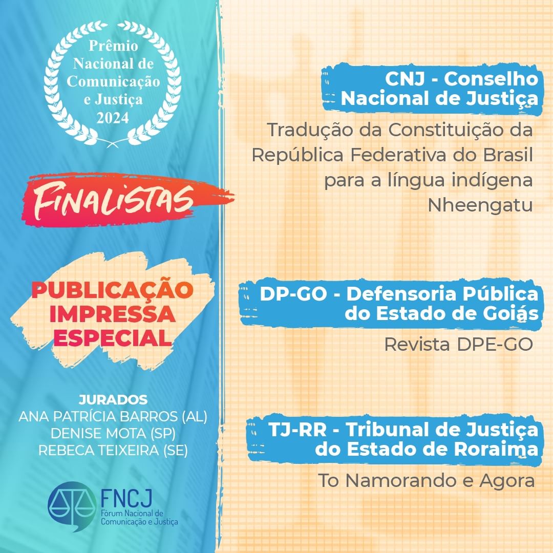 Banner do evento indicando os finalistas ao Prêmio Nacional de Comunicação e Justiça de 2024